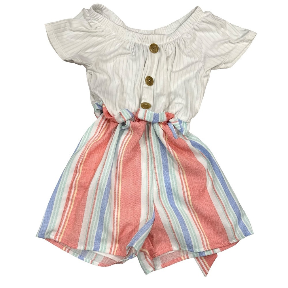 Paper Doll Romper White Multi Color Striped Paperbag Waist Kids Size S 7/8